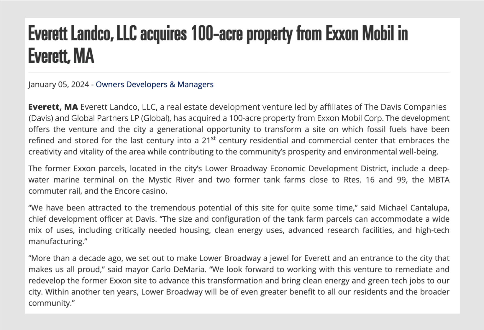 Everett Landco Acquires 100-Acre Property from ExxonMobil in Everett