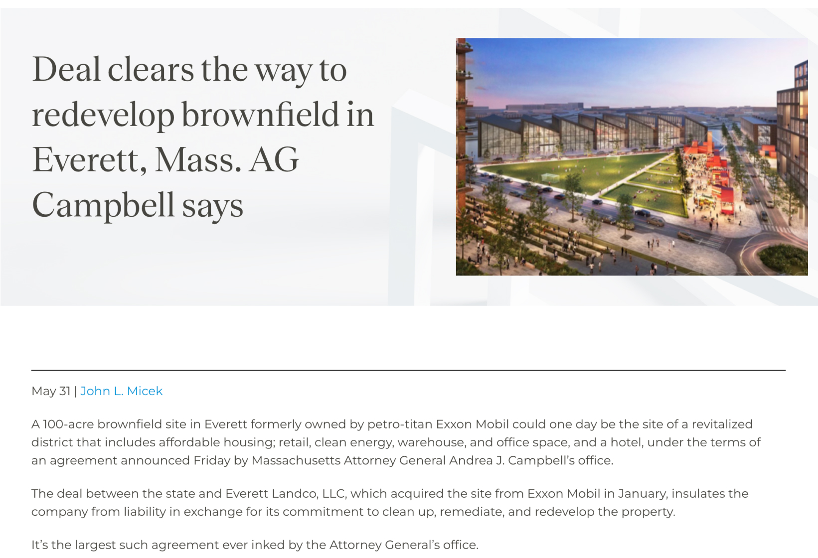 Deal Clears the Way to Redevelop Brownfield in Everett, Mass A.G. Campbell Says